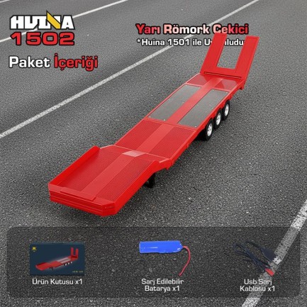 HUINA 1502 1/18 RC Uzaktan Kumandalı İş Makinesi İnşaat Aracı Römork Çekici Dorse Damper Trailer Flatbed (1501 İle Uyumlu) Kırmızı - Thumbnail