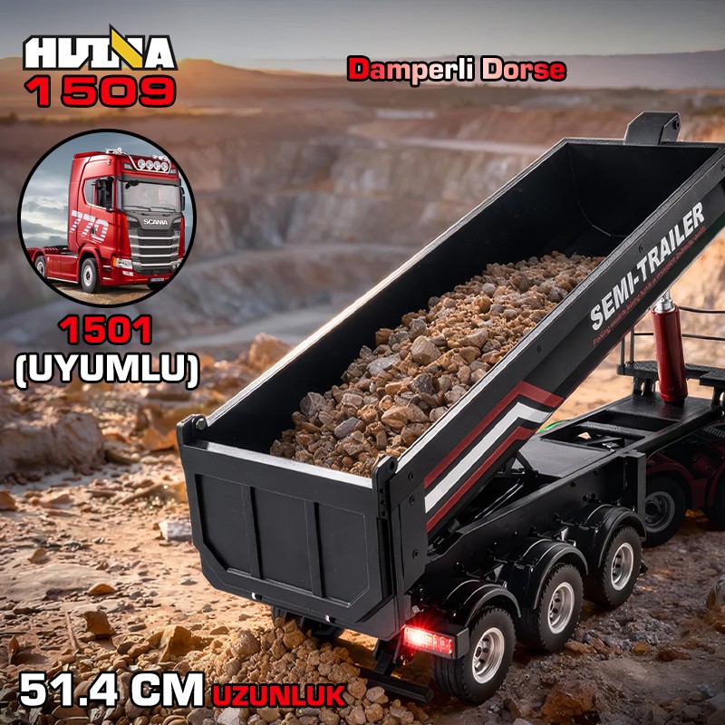 HUINA 1509 1/18 RC Uzaktan Kumandalı İş Makinesi İnşaat Aracı Römork Çekici Dorse Damper Trailer Flatbed (1501 İle Uyumlu) Siyah