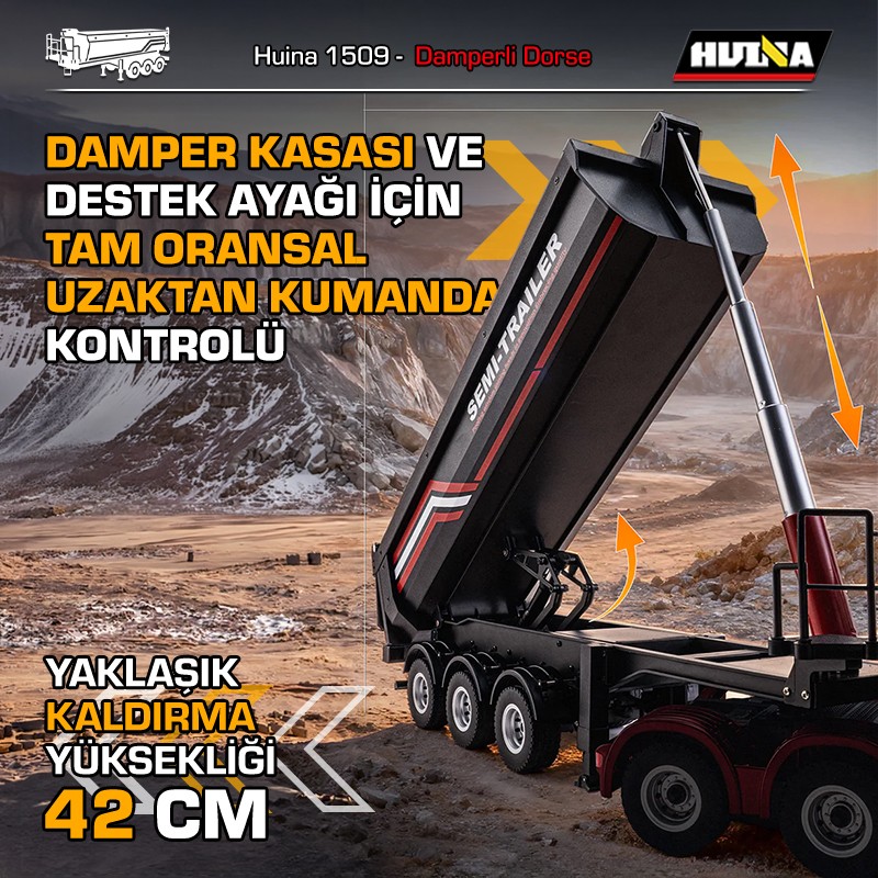 HUINA 1509 1/18 RC Uzaktan Kumandalı İş Makinesi İnşaat Aracı Römork Çekici Dorse Damper Trailer Flatbed (1501 İle Uyumlu) Siyah