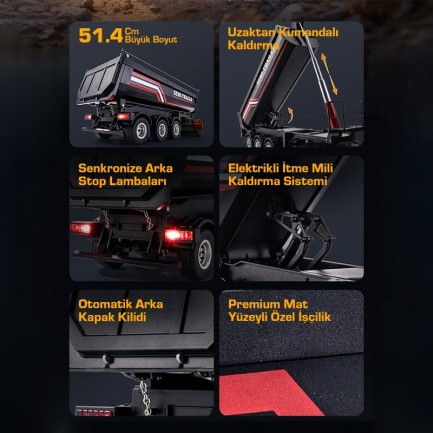 HUINA 1509 1/18 RC Uzaktan Kumandalı İş Makinesi İnşaat Aracı Römork Çekici Dorse Damper Trailer Flatbed (1501 İle Uyumlu) Siyah - Thumbnail