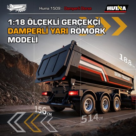 HUINA 1509 1/18 RC Uzaktan Kumandalı İş Makinesi İnşaat Aracı Römork Çekici Dorse Damper Trailer Flatbed (1501 İle Uyumlu) Siyah - Thumbnail