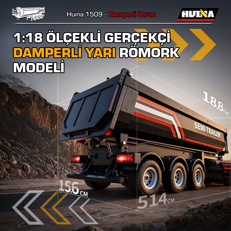 HUINA 1509 1/18 RC Uzaktan Kumandalı İş Makinesi İnşaat Aracı Römork Çekici Dorse Damper Trailer Flatbed (1501 İle Uyumlu) Siyah