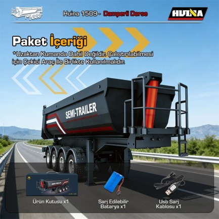 HUINA 1509 1/18 RC Uzaktan Kumandalı İş Makinesi İnşaat Aracı Römork Çekici Dorse Damper Trailer Flatbed (1501 İle Uyumlu) Siyah - Thumbnail