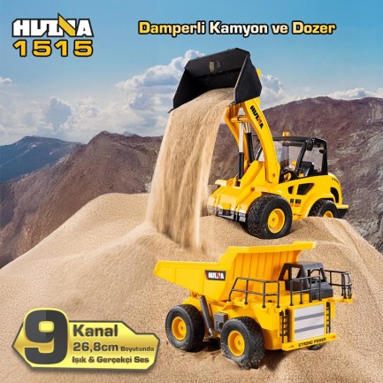 HUINA - HUINA 1515 1/24 9CH RC Damperli Kamyon & Wheel Loader Dozer Kazıcı Set İş Makinesi İnşaat Uzaktan Kumandalı RC Model Metal Kepçeli - 2.4G Gerçekçi Similasyon Ses ve Işık Sistemi