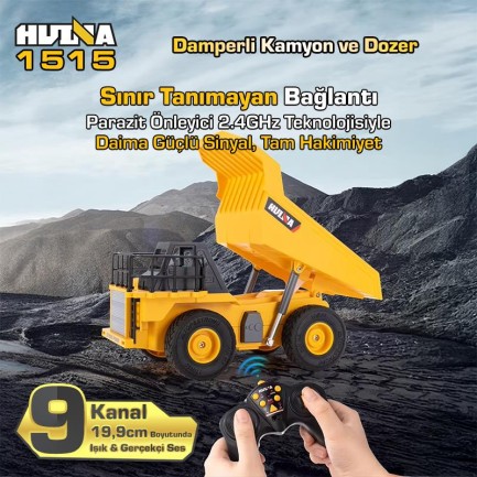 HUINA 1515 1/24 9CH RC Damperli Kamyon & Wheel Loader Dozer Kazıcı Set İş Makinesi İnşaat Uzaktan Kumandalı RC Model Metal Kepçeli - 2.4G Gerçekçi Similasyon Ses ve Işık Sistemi - Thumbnail