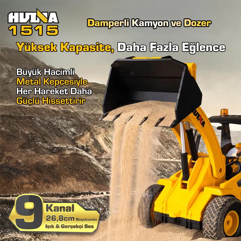 HUINA 1515 1/24 9CH RC Damperli Kamyon & Wheel Loader Dozer Kazıcı Set İş Makinesi İnşaat Uzaktan Kumandalı RC Model Metal Kepçeli - 2.4G Gerçekçi Similasyon Ses ve Işık Sistemi