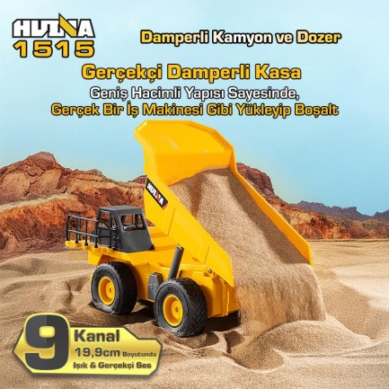 HUINA 1515 1/24 9CH RC Damperli Kamyon & Wheel Loader Dozer Kazıcı Set İş Makinesi İnşaat Uzaktan Kumandalı RC Model Metal Kepçeli - 2.4G Gerçekçi Similasyon Ses ve Işık Sistemi - Thumbnail