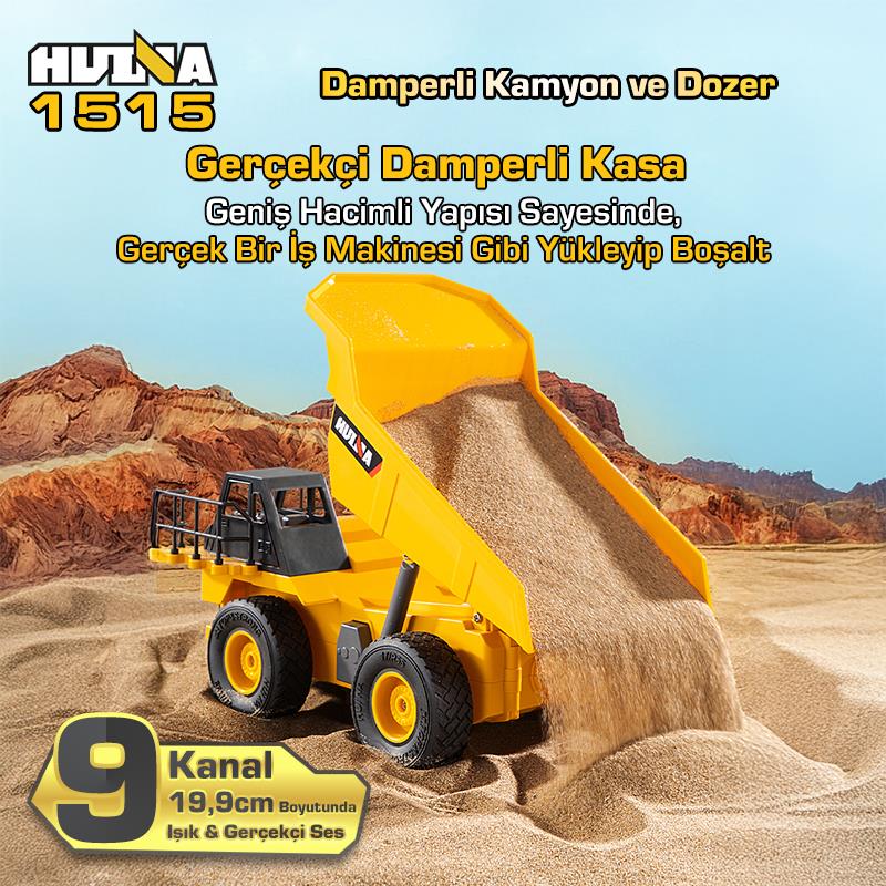 HUINA 1515 1/24 9CH RC Damperli Kamyon & Wheel Loader Dozer Kazıcı Set İş Makinesi İnşaat Uzaktan Kumandalı RC Model Metal Kepçeli - 2.4G Gerçekçi Similasyon Ses ve Işık Sistemi