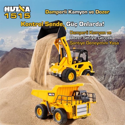 HUINA 1515 1/24 9CH RC Damperli Kamyon & Wheel Loader Dozer Kazıcı Set İş Makinesi İnşaat Uzaktan Kumandalı RC Model Metal Kepçeli - 2.4G Gerçekçi Similasyon Ses ve Işık Sistemi - Thumbnail