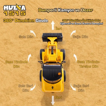 HUINA 1515 1/24 9CH RC Damperli Kamyon & Wheel Loader Dozer Kazıcı Set İş Makinesi İnşaat Uzaktan Kumandalı RC Model Metal Kepçeli - 2.4G Gerçekçi Similasyon Ses ve Işık Sistemi - Thumbnail