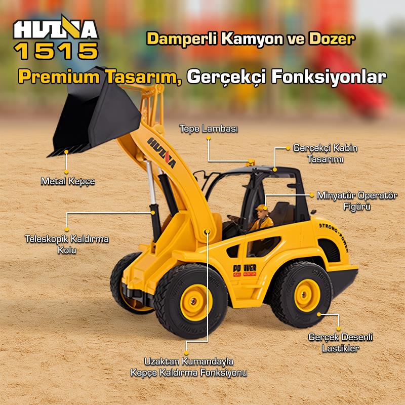HUINA 1515 1/24 9CH RC Damperli Kamyon & Wheel Loader Dozer Kazıcı Set İş Makinesi İnşaat Uzaktan Kumandalı RC Model Metal Kepçeli - 2.4G Gerçekçi Similasyon Ses ve Işık Sistemi