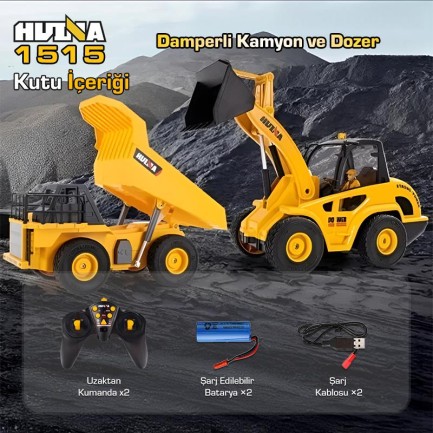 HUINA 1515 1/24 9CH RC Damperli Kamyon & Wheel Loader Dozer Kazıcı Set İş Makinesi İnşaat Uzaktan Kumandalı RC Model Metal Kepçeli - 2.4G Gerçekçi Similasyon Ses ve Işık Sistemi - Thumbnail