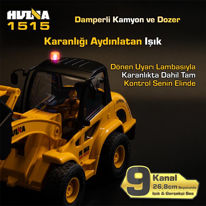 HUINA 1515 1/24 9CH RC Damperli Kamyon & Wheel Loader Dozer Kazıcı Set İş Makinesi İnşaat Uzaktan Kumandalı RC Model Metal Kepçeli - 2.4G Gerçekçi Similasyon Ses ve Işık Sistemi