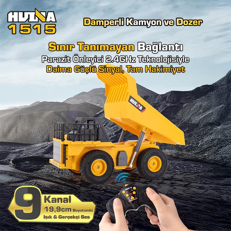 HUINA 1515 1/24 9CH RC Damperli Kamyon & Wheel Loader Dozer Kazıcı Set İş Makinesi İnşaat Uzaktan Kumandalı RC Model Metal Kepçeli - 2.4G Gerçekçi Similasyon Ses ve Işık Sistemi