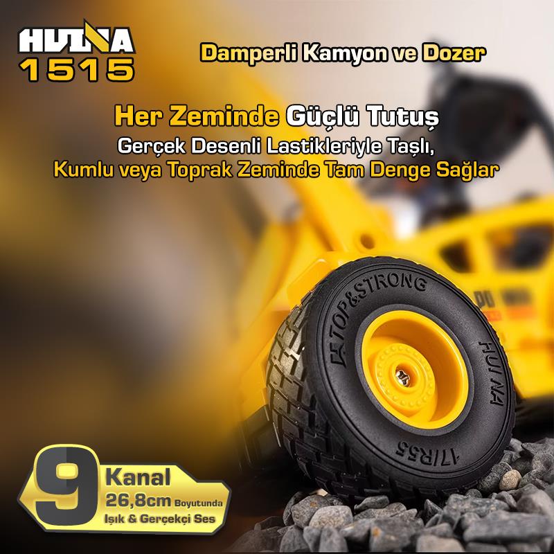 HUINA 1515 1/24 9CH RC Damperli Kamyon & Wheel Loader Dozer Kazıcı Set İş Makinesi İnşaat Uzaktan Kumandalı RC Model Metal Kepçeli - 2.4G Gerçekçi Similasyon Ses ve Işık Sistemi
