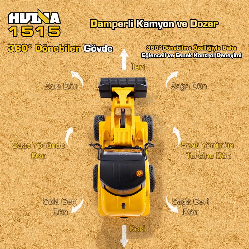 HUINA 1515 1/24 9CH RC Damperli Kamyon & Wheel Loader Dozer Kazıcı Set İş Makinesi İnşaat Uzaktan Kumandalı RC Model Metal Kepçeli - 2.4G Gerçekçi Similasyon Ses ve Işık Sistemi