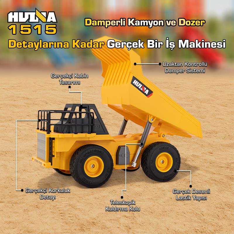 HUINA 1515 1/24 9CH RC Damperli Kamyon & Wheel Loader Dozer Kazıcı Set İş Makinesi İnşaat Uzaktan Kumandalı RC Model Metal Kepçeli - 2.4G Gerçekçi Similasyon Ses ve Işık Sistemi