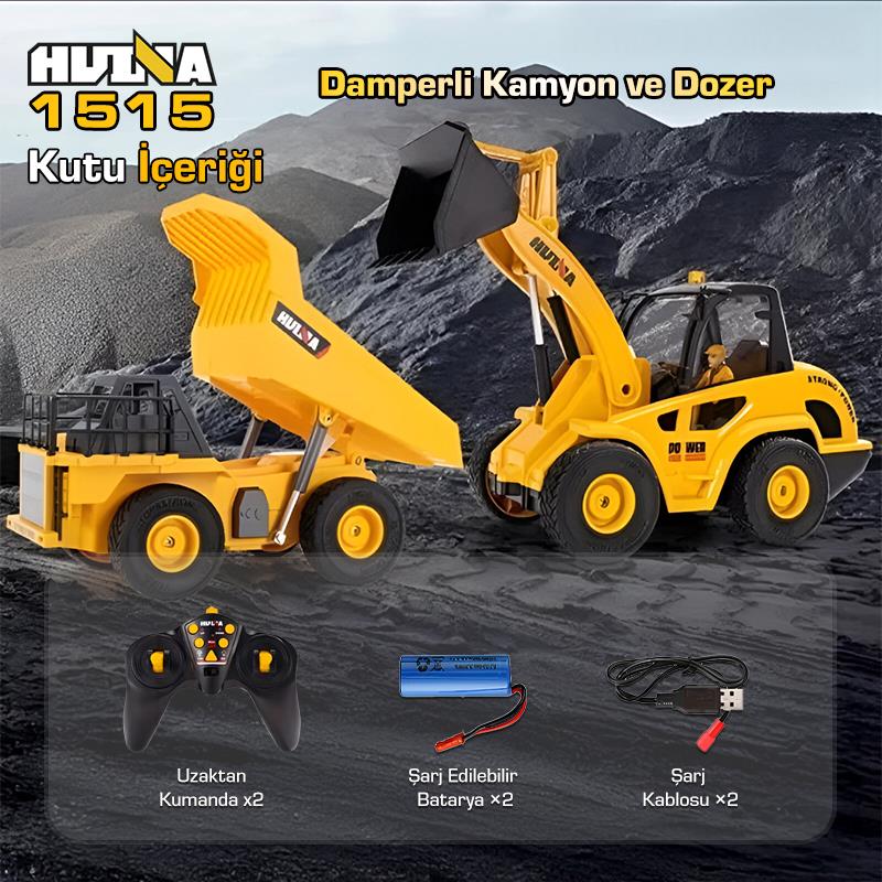 HUINA 1515 1/24 9CH RC Damperli Kamyon & Wheel Loader Dozer Kazıcı Set İş Makinesi İnşaat Uzaktan Kumandalı RC Model Metal Kepçeli - 2.4G Gerçekçi Similasyon Ses ve Işık Sistemi
