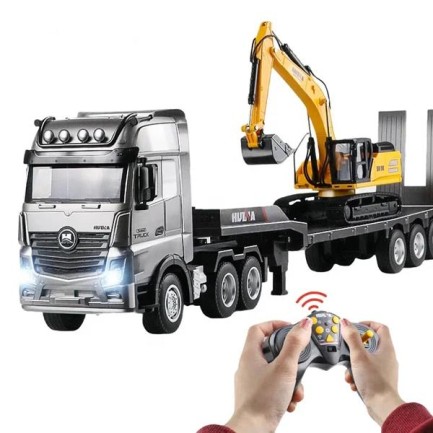 HUINA - HUINA 1522 1/18 9CH RC Römorklu Tır Kamyon ve Excavatör Kazıcı Set