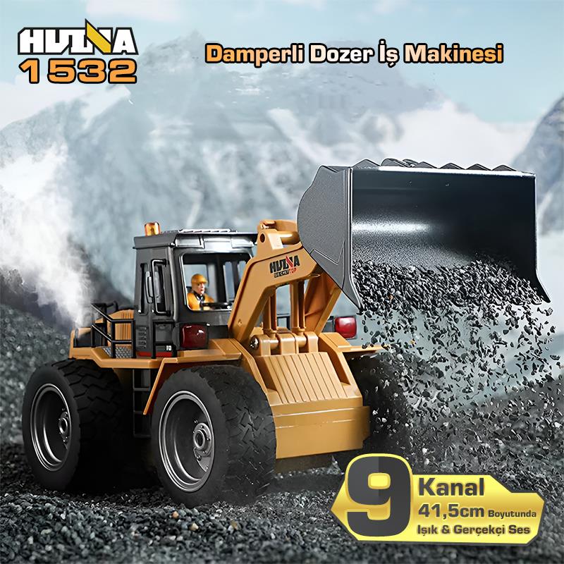 HUINA 1532 1/18 9CH RC Wheel Loader Damper Dozer Kamyon İş Makinesi İnşaat Kazıcı Uzaktan Kumandalı RC Model -2.4G Gerçekçi Similasyon Ses ve Işık Sistemi
