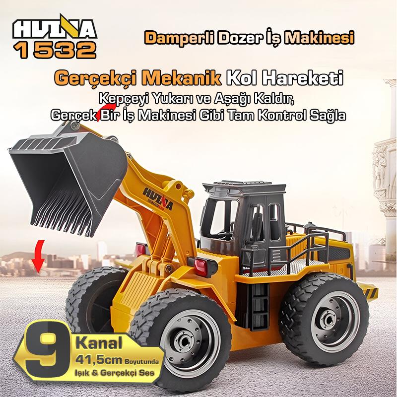 HUINA 1532 1/18 9CH RC Wheel Loader Damper Dozer Kamyon İş Makinesi İnşaat Kazıcı Uzaktan Kumandalı RC Model -2.4G Gerçekçi Similasyon Ses ve Işık Sistemi