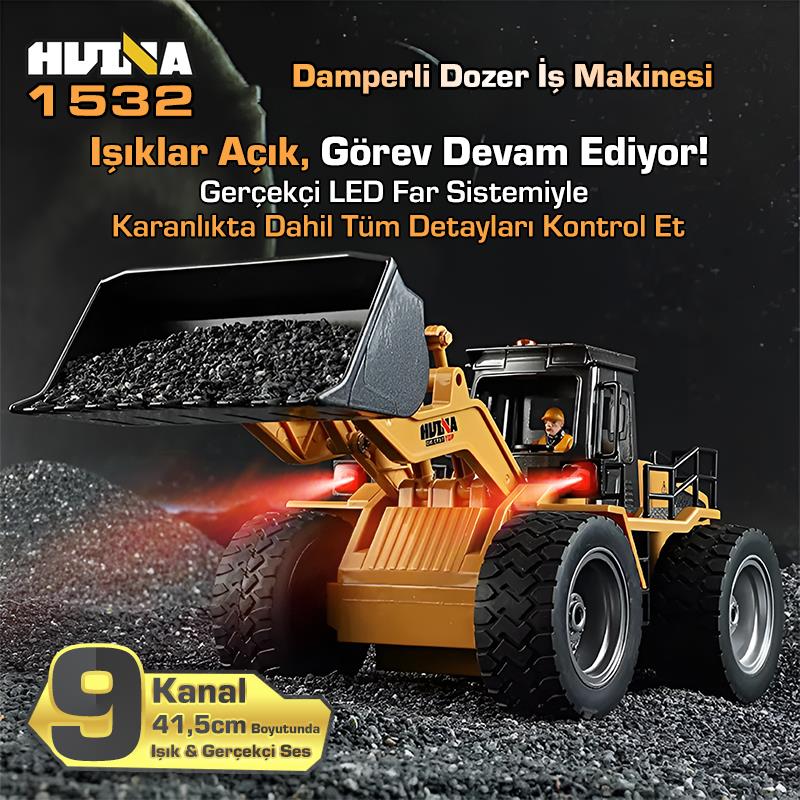 HUINA 1532 1/18 9CH RC Wheel Loader Damper Dozer Kamyon İş Makinesi İnşaat Kazıcı Uzaktan Kumandalı RC Model -2.4G Gerçekçi Similasyon Ses ve Işık Sistemi