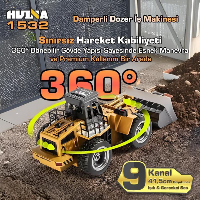 HUINA 1532 1/18 9CH RC Wheel Loader Damper Dozer Kamyon İş Makinesi İnşaat Kazıcı Uzaktan Kumandalı RC Model -2.4G Gerçekçi Similasyon Ses ve Işık Sistemi
