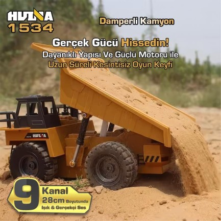 HUINA 1534 1/18 Yüksek Kalite RC Model Damperli Kamyon Uzaktan Kumandalı Çok Fonksiyonlu İş Makinası - 2.4G Kumanda & Işıklı - Thumbnail
