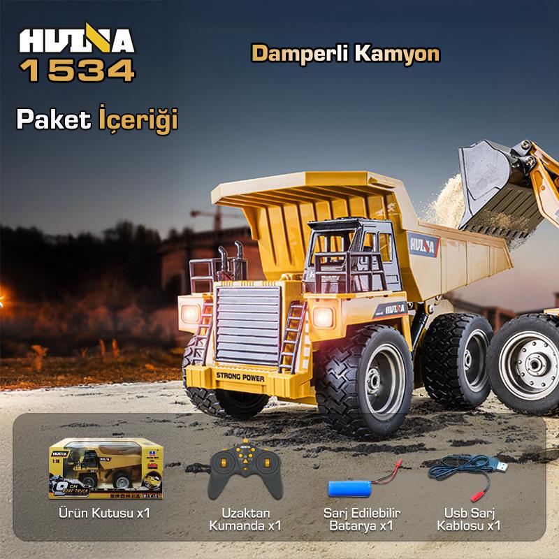HUINA 1534 1/18 Yüksek Kalite RC Model Damperli Kamyon Uzaktan Kumandalı Çok Fonksiyonlu İş Makinası - 2.4G Kumanda & Işıklı