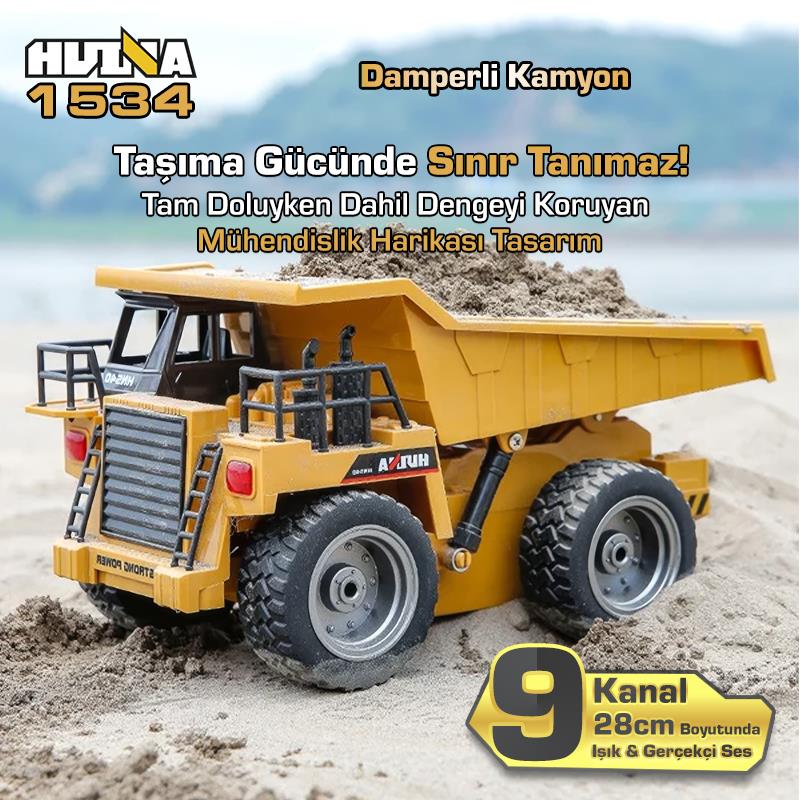 HUINA 1534 1/18 Yüksek Kalite RC Model Damperli Kamyon Uzaktan Kumandalı Çok Fonksiyonlu İş Makinası - 2.4G Kumanda & Işıklı