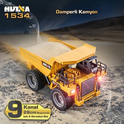 HUINA - HUINA 1534 1/18 Yüksek Kalite RC Model Damperli Kamyon Uzaktan Kumandalı Çok Fonksiyonlu İş Makinası - 2.4G Kumanda & Işıklı