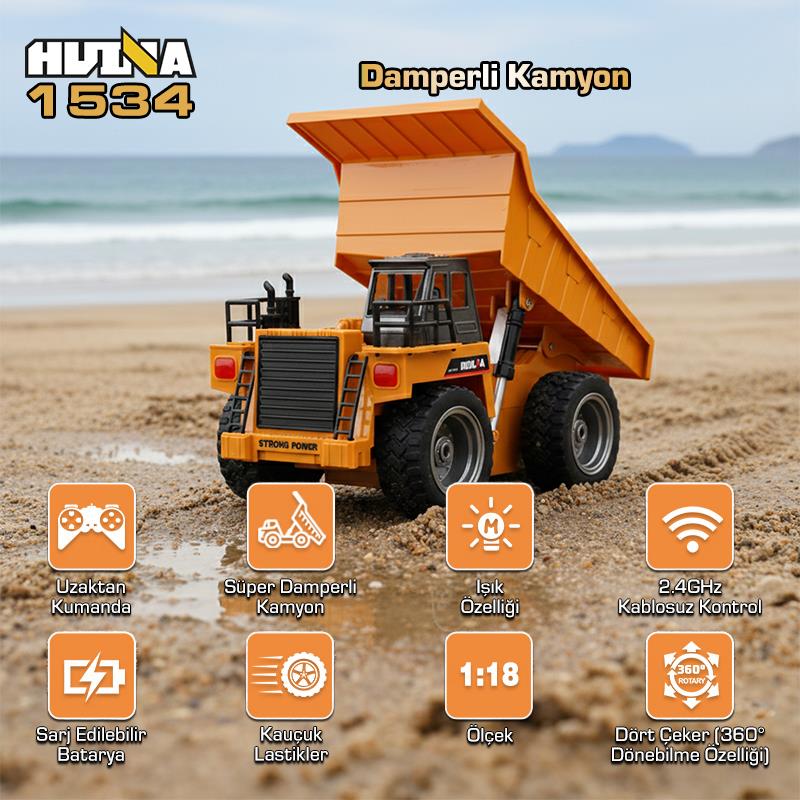 HUINA 1534 1/18 Yüksek Kalite RC Model Damperli Kamyon Uzaktan Kumandalı Çok Fonksiyonlu İş Makinası - 2.4G Kumanda & Işıklı