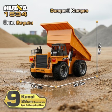 HUINA 1534 1/18 Yüksek Kalite RC Model Damperli Kamyon Uzaktan Kumandalı Çok Fonksiyonlu İş Makinası - 2.4G Kumanda & Işıklı - Thumbnail