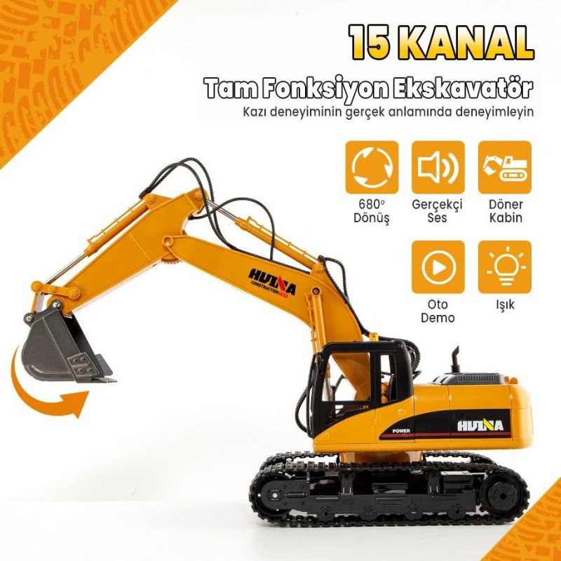 HUINA 1535-1 1/14 Yüksek Kalite 15CH RC Model Ekskavatör Kazıcı Uzaktan Kumandali Çok Fonksiyonlu İş Makinesi - 2.4G Sesli & Işıklı