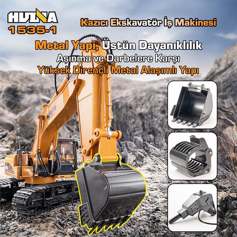 HUINA 1535-1 1/14 Yüksek Kalite 15CH RC Model Ekskavatör Kazıcı Uzaktan Kumandali Çok Fonksiyonlu İş Makinesi - 2.4G Sesli & Işıklı