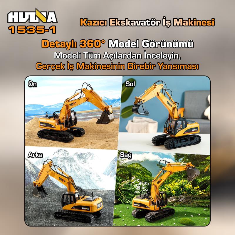 HUINA 1535-1 1/14 Yüksek Kalite 15CH RC Model Ekskavatör Kazıcı Uzaktan Kumandali Çok Fonksiyonlu İş Makinesi - 2.4G Sesli & Işıklı