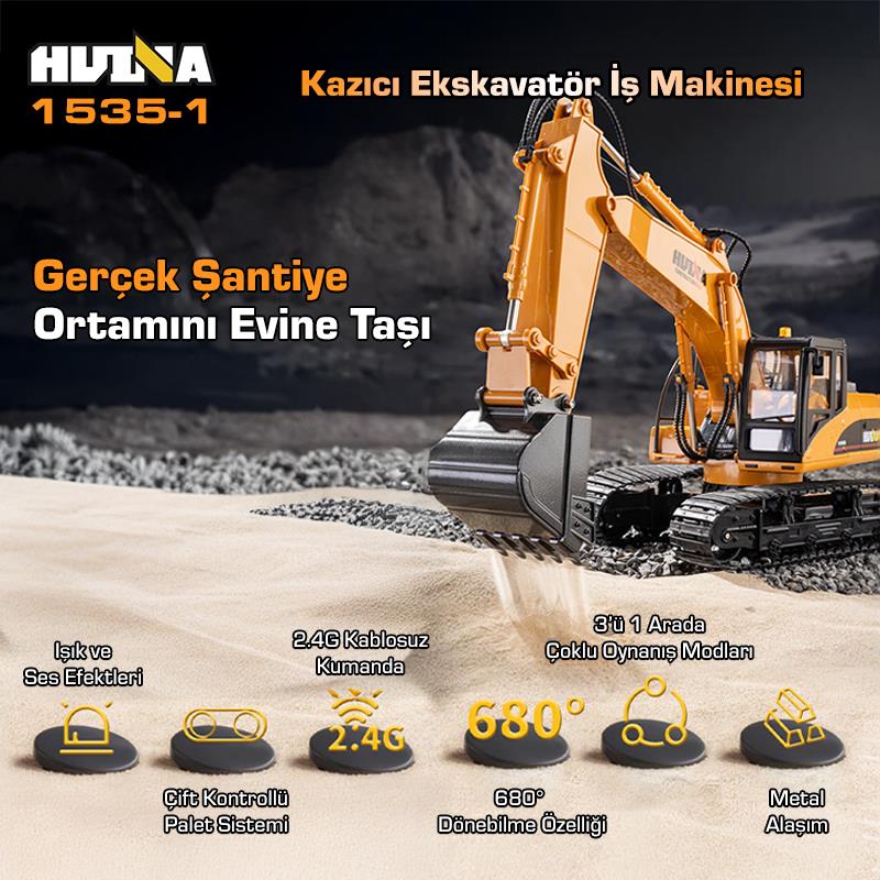 HUINA 1535-1 1/14 Yüksek Kalite 15CH RC Model Ekskavatör Kazıcı Uzaktan Kumandali Çok Fonksiyonlu İş Makinesi - 2.4G Sesli & Işıklı
