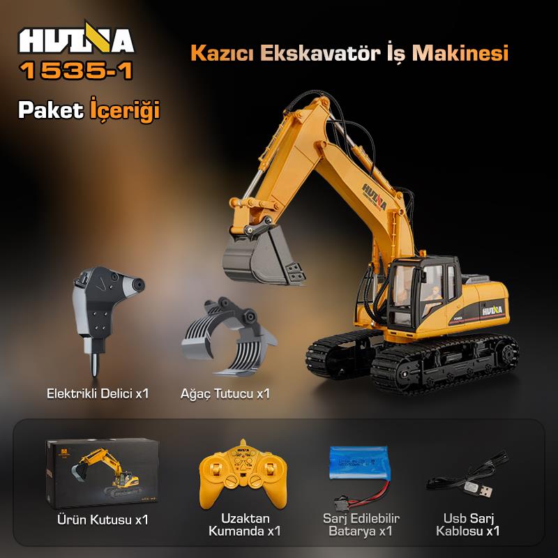 HUINA 1535-1 1/14 Yüksek Kalite 15CH RC Model Ekskavatör Kazıcı Uzaktan Kumandali Çok Fonksiyonlu İş Makinesi - 2.4G Sesli & Işıklı
