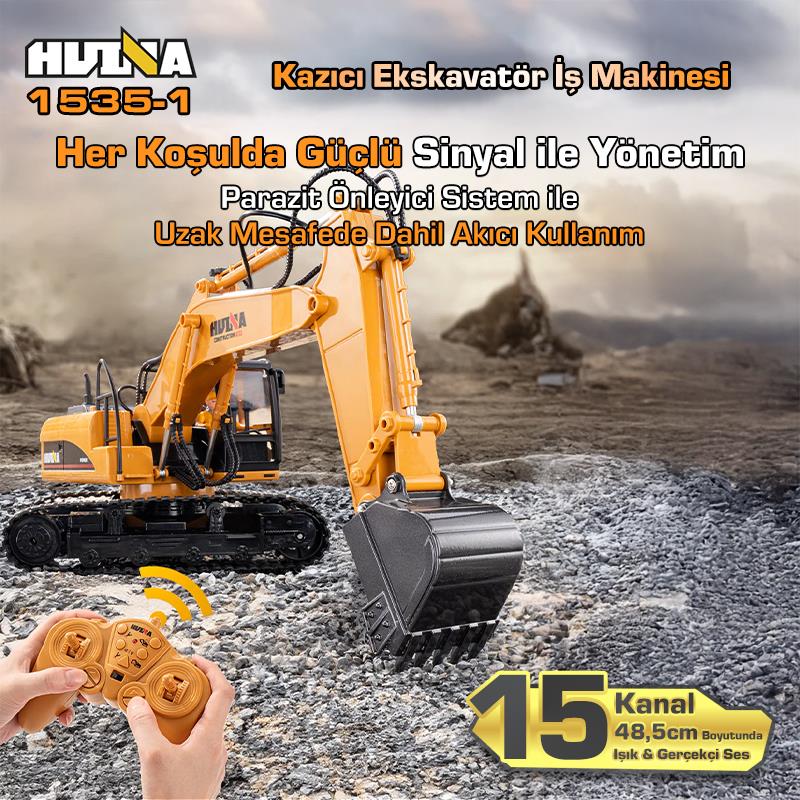 HUINA 1535-1 1/14 Yüksek Kalite 15CH RC Model Ekskavatör Kazıcı Uzaktan Kumandali Çok Fonksiyonlu İş Makinesi - 2.4G Sesli & Işıklı