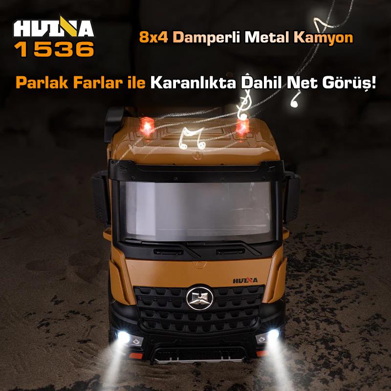 HUINA 1536 1/14 8x4 12CH Profesyonel RC Uzaktan Kumandalı İş Makinesi Metal Damperli Kamyon İnşaat Aracı Dump Truck - Sesli ve Işıklı