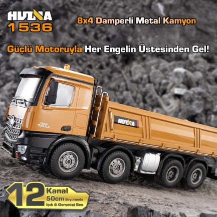 HUINA 1536 1/14 8x4 12CH Profesyonel RC Uzaktan Kumandalı İş Makinesi Metal Damperli Kamyon İnşaat Aracı Dump Truck - Sesli ve Işıklı - Thumbnail