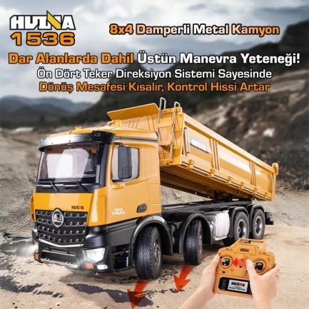 HUINA 1536 1/14 8x4 12CH Profesyonel RC Uzaktan Kumandalı İş Makinesi Metal Damperli Kamyon İnşaat Aracı Dump Truck - Sesli ve Işıklı - Thumbnail