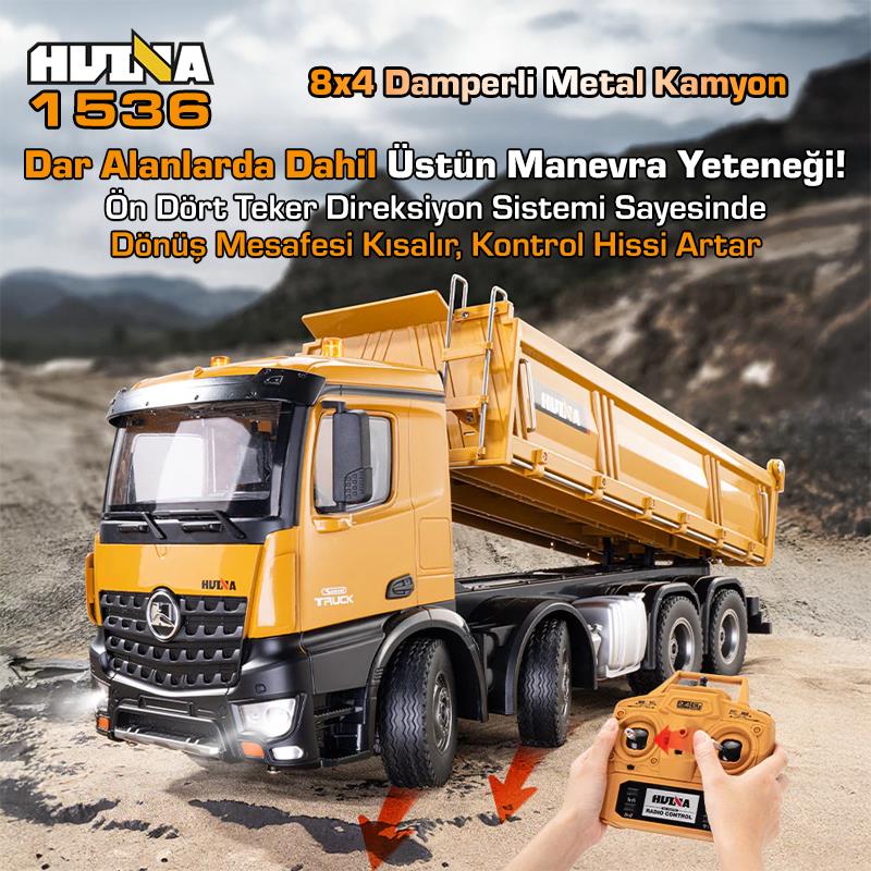 HUINA 1536 1/14 8x4 12CH Profesyonel RC Uzaktan Kumandalı İş Makinesi Metal Damperli Kamyon İnşaat Aracı Dump Truck - Sesli ve Işıklı