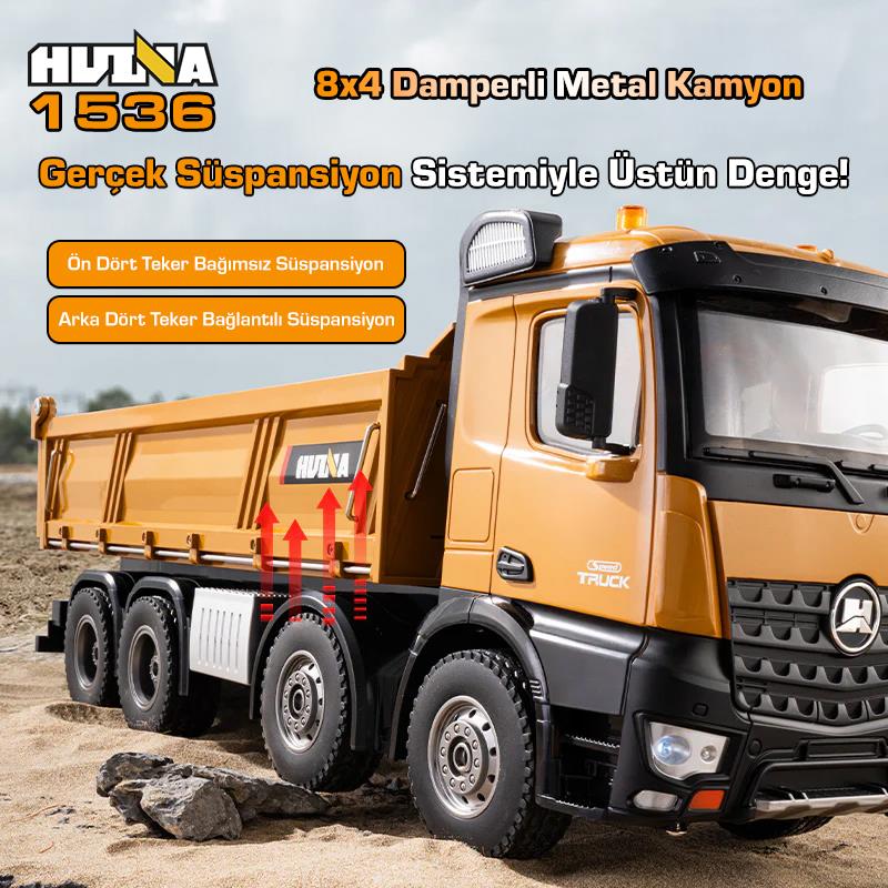 HUINA 1536 1/14 8x4 12CH Profesyonel RC Uzaktan Kumandalı İş Makinesi Metal Damperli Kamyon İnşaat Aracı Dump Truck - Sesli ve Işıklı
