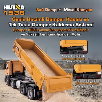HUINA 1536 1/14 8x4 12CH Profesyonel RC Uzaktan Kumandalı İş Makinesi Metal Damperli Kamyon İnşaat Aracı Dump Truck - Sesli ve Işıklı - Thumbnail