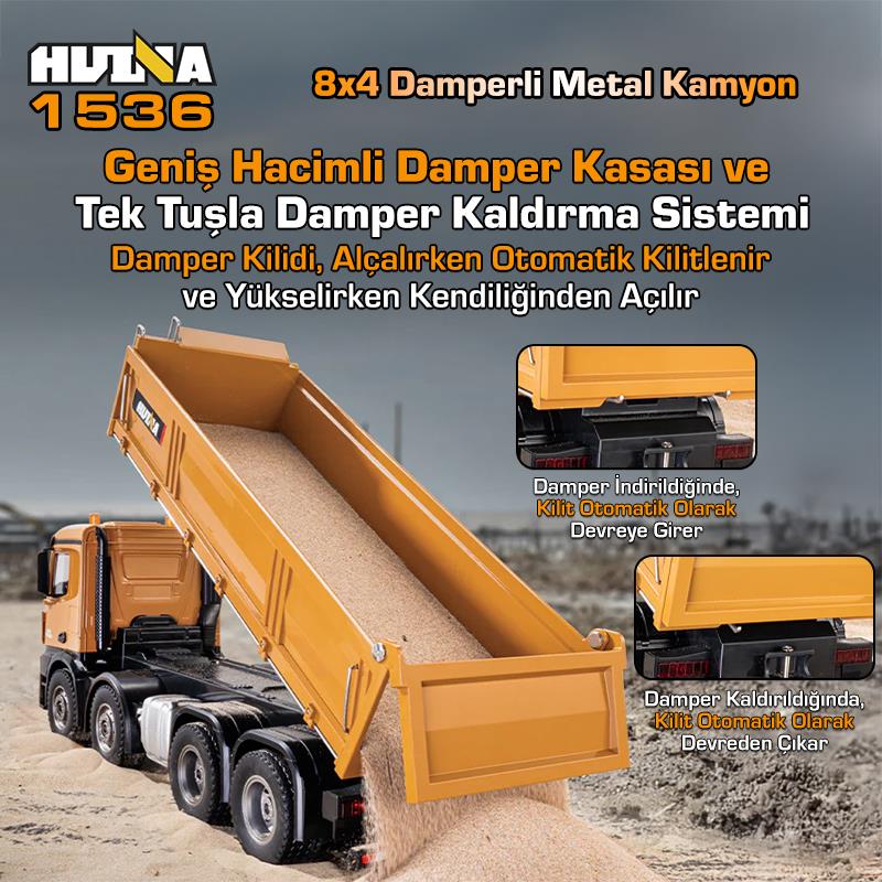 HUINA 1536 1/14 8x4 12CH Profesyonel RC Uzaktan Kumandalı İş Makinesi Metal Damperli Kamyon İnşaat Aracı Dump Truck - Sesli ve Işıklı