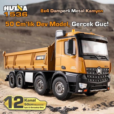 HUINA 1536 1/14 8x4 12CH Profesyonel RC Uzaktan Kumandalı İş Makinesi Metal Damperli Kamyon İnşaat Aracı Dump Truck - Sesli ve Işıklı - Thumbnail