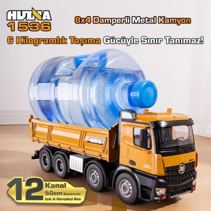 HUINA 1536 1/14 8x4 12CH Profesyonel RC Uzaktan Kumandalı İş Makinesi Metal Damperli Kamyon İnşaat Aracı Dump Truck - Sesli ve Işıklı - Thumbnail