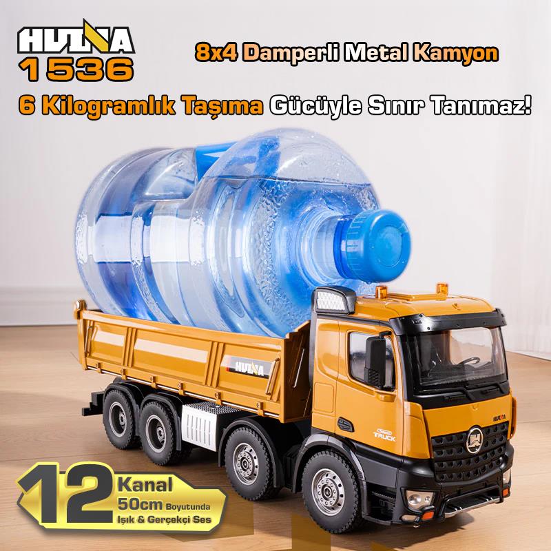 HUINA 1536 1/14 8x4 12CH Profesyonel RC Uzaktan Kumandalı İş Makinesi Metal Damperli Kamyon İnşaat Aracı Dump Truck - Sesli ve Işıklı