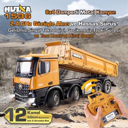 HUINA 1536 1/14 8x4 12CH Profesyonel RC Uzaktan Kumandalı İş Makinesi Metal Damperli Kamyon İnşaat Aracı Dump Truck - Sesli ve Işıklı - Thumbnail